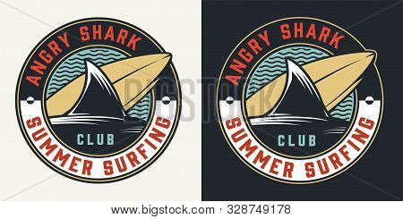 Vintage Surfing Club Round Colorful Label With Shark Fin Surfboard And Sea Waves Isolated Vector Ill