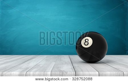 3d Rendering Of Black Pool And Billiard Ball On White Wooden Floor And Dark Turquoise Background