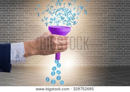 Data monetization concept with funnel and businessman