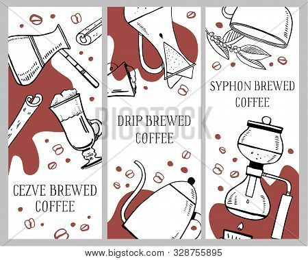 Drip, Cezve, Syphon Coffee Brewing Methods Banner Design Templates. Hand Drawn Vector Outline Illust
