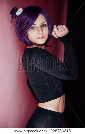 Girl Cosplayer With Purple Hair Anime Japan
