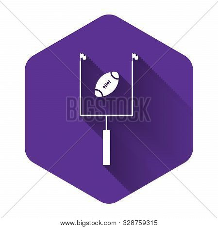 White American Football With Goal Post Icon Isolated With Long Shadow. Purple Hexagon Button. Vector