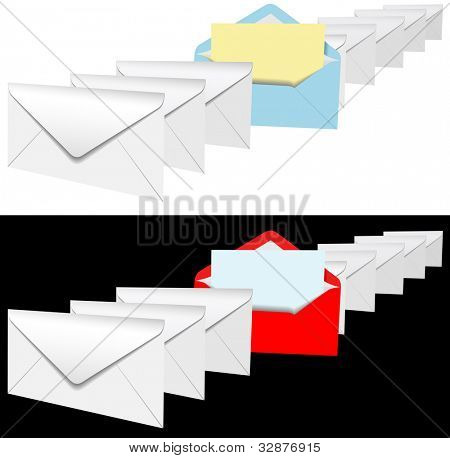 เปิดจดหมายสำคัญหนึ่งยืนออกจากแถวของซองจดหมายหรืออีเมล์