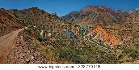 Tajikistan. The Pamir Highway. Panorama Of The Mountain River Iskanderdarya Flowing From Lake Iskand