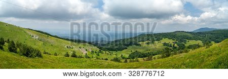 Panoramic View Of Shipka Pass From Buzludzha Peak. Shipka Pass - A Scenic Mountain Pass Through The 