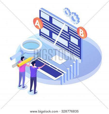 A-b Comparison. Split Testing Isometric Concept. Vector Illustration.