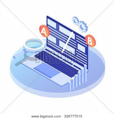 A-b Comparison. Split Testing Isometric Concept. Vector Illustration.
