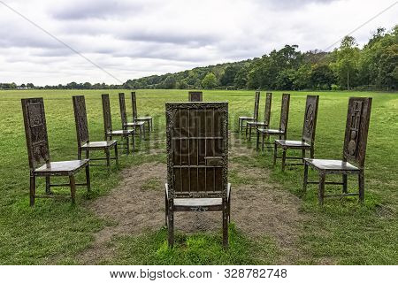 Runnymede, Surrey, Uk - October 2019: 12 Bronze Chairs - Jurors Artwork By Hew Locke On 20 October 2