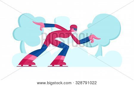 Speed Skater Woman Character Skating On Ice Rink. Skating Athlete Competing, Short Track Race Skater