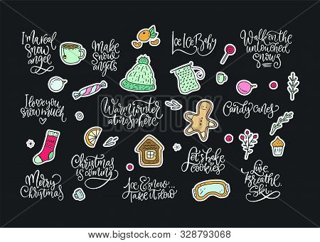 Winter And Christmas Vector Set. Calligraphy Lettering Greeting Text And Cartoon Doodle Holiday Illu