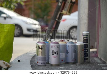 Kharkov, Ukraine - August 24, 2019: Montana Mtn 94 And Kobra Used Spray Cans For Graffiti Painting O