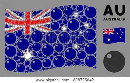 Waving Australia Official Flag. Vector Sphere Icons Are United Into Mosaic Australia Flag Collage. P