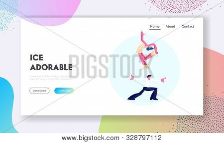 Figure Skating Training, Olympic Games Competition Website Landing Page. Pair Of Young Skaters Makin