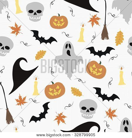 Halloween Seamless Pattern.  Skull, Pumpkin, Hat, Candle, Bat, Broom On A White Background.  For Pri