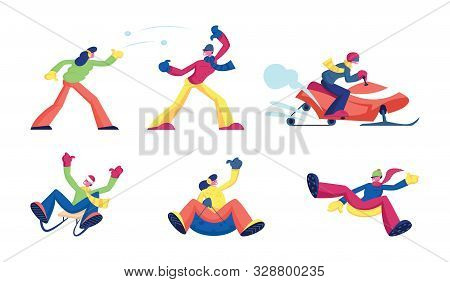 Set Of Winter Time Activities And Recreational Fun. Male And Female Characters Snowball Fighting, Ri