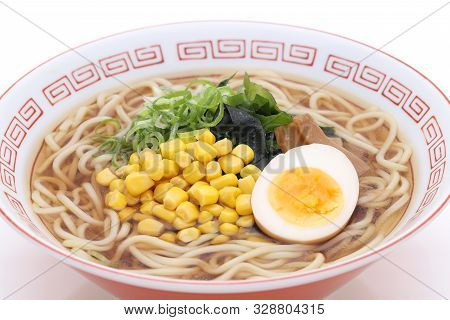 Japanese Soy Sauce Ramen Noodles In A Bowl On White Background