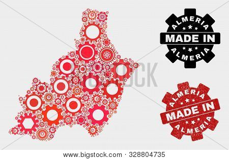 Mosaic Technical Almeria Province Map And Scratched Stamp. Vector Geographic Abstraction In Red Colo