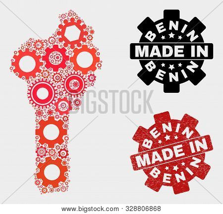 Mosaic Gear Benin Map And Textured Seal. Vector Geographic Abstraction In Red Colors. Mosaic Of Beni