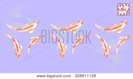 Horizontal Banner In Oriental Style, Set With Koi Fish With Coral Spots On Light Background. Vector 