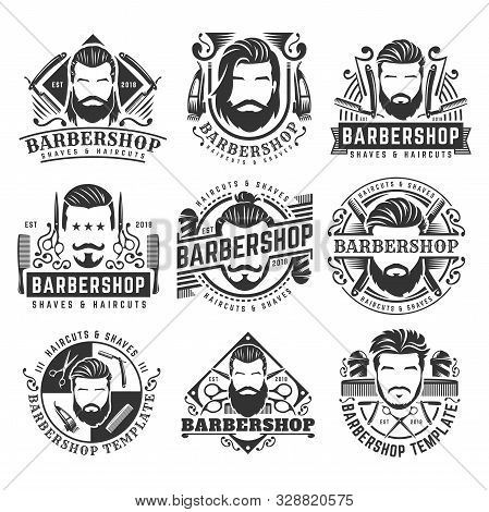 12 Set Of Vintage Barbershop Logo Template Collection, Retro Style Pack, With Bearded Man And Barber