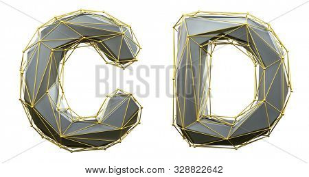 Letter set C, D made of realistic 3d render silver color. Collection of gold low polly style alphabet isolated on white background
