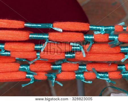 Close Up Of Wrapped Threads Prepared For Dyeing And For Weaving Ikat Fabrics In Gualaceo City Near C