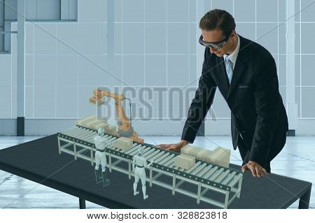 Smart Glasses Device Concept, Engineer Use Augmented Mixed Virtual Reality Technology To Look At The