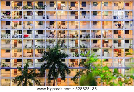 Singapore-11 Jun 2018:singapore High Density Residential Building Hdb Facade Night View