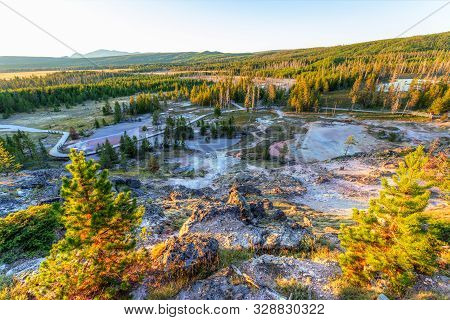 Sunset Over Artists Paintpot Trail At Yellowstone National Park  In Wyoming, Usa.