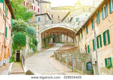 Perugia Beautiful Old Street With Steps Via Dell'acquedotto, Umbria, Italy.