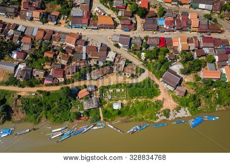 Aerial View Of Village Of Nong Khiaw. North Laos. Southeast Asia. Photo Made By Drone From Above. Bi