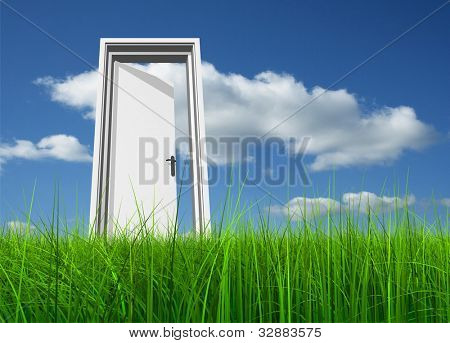 Hacer una apertura de alta resolución verdes, frescos y naturales 3d conceptual hierba sobre un fondo de cielo azul,
