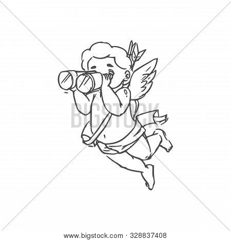 Amur Winged Boy In Diaper Isolated Cupid. Vector Outline Eros With Binoculars Searching Lovers