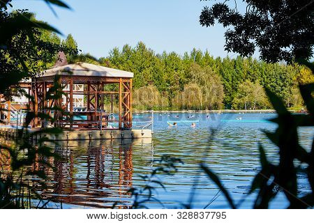 Heviz, Hungary - September 27, 2018: Balneological Therapeutic Lake Heviz In Hungary With Warm Water
