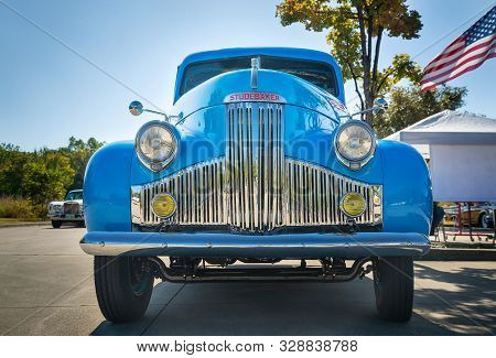 Westlake, Texas - October 19, 2019: Front View Of A Light Blue Color Vintage Studebaker Pickup Truck