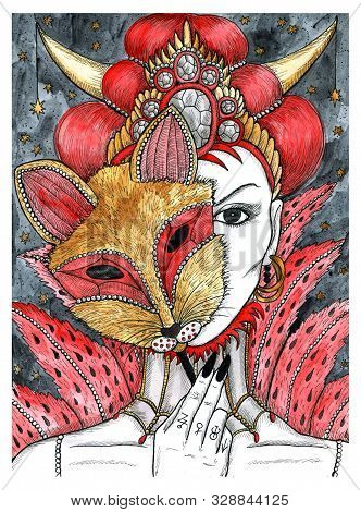 Beautiful Woman With Masque Of Fox. Colorful Graphic Engraved Illustration. Fantasy And Mystic Drawi