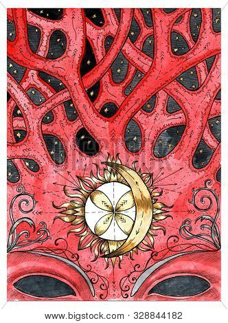 Crossroad With Goddess Eyes, Moon And Sun Symbols, Abstract Concept. Colorful Graphic Engraved Illus