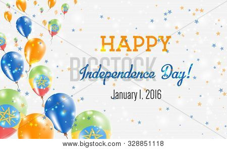 Ethiopia Independence Day Greeting Card. Flying Balloons In Ethiopia National Colors. Happy Independ