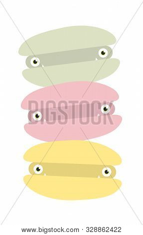 Sweets Stylized As Cute Monsters. Macroons With Eyes And Sharp Teeth. Vector Illustration.