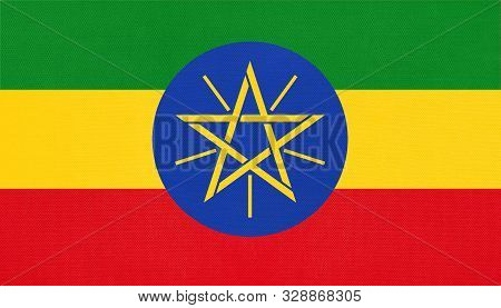 Republic Of Ethiopia National Fabric Flag, Textile Background. Symbol Of International World African