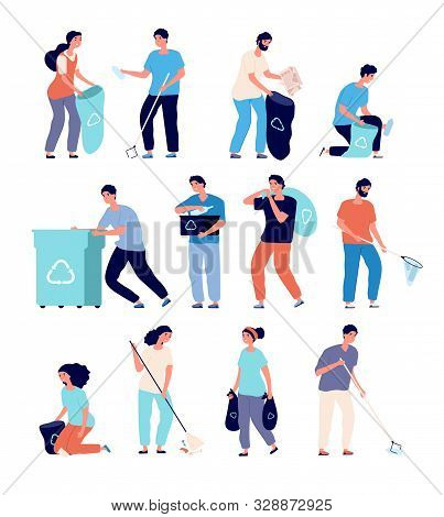 People Collect Garbage. Men And Women Cleaning Environment Nature, Persons Sorting Recyling Waste. E