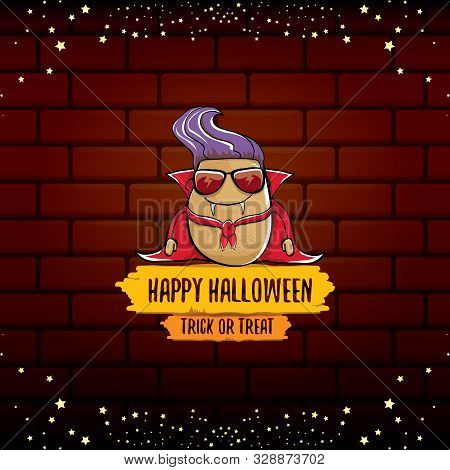 Vector Funny Cartoon Cute Dracula Potato With Fangs And Red Cape Isolated On Brick Wall Background. 