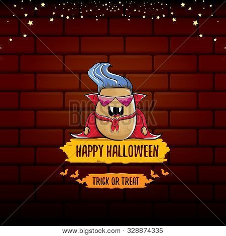 Vector Funny Cartoon Cute Dracula Potato With Fangs And Red Cape Isolated On Brick Wall Background. 