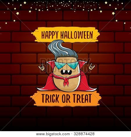 Vector Funny Cartoon Cute Dracula Potato With Fangs And Red Cape Isolated On Brick Wall Background. 