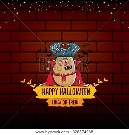 Vector Funny Cartoon Cute Dracula Potato With Fangs And Red Cape Isolated On Brick Wall Background. 