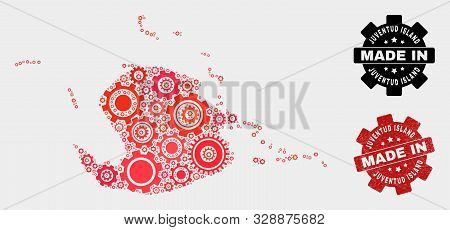 Mosaic Gear Juventud Island Map And Textured Seal. Vector Geographic Abstraction In Red Colors. Mosa