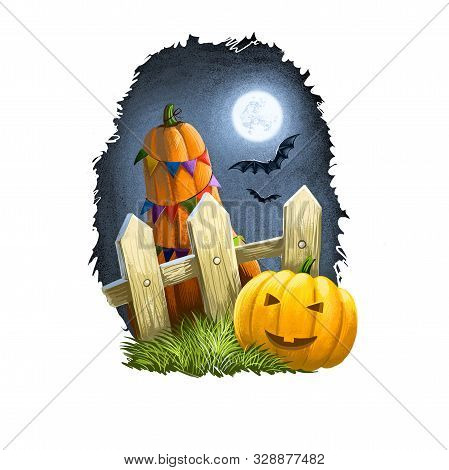 Happy Halloween Greeting Card Smiling Scary Pumpkin With Awful Face Near Fence In Countryside With B