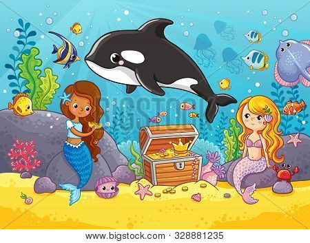 Cute Orca Whale Swims. Vector Illustration On The Marine Theme