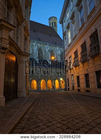 Old Historic Vienna At Dusk, Street To Minoritenkirche With Cobblestones
