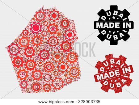 Mosaic Gear Dubai Emirate Map And Scratched Stamp. Vector Geographic Abstraction In Red Colors. Mosa
